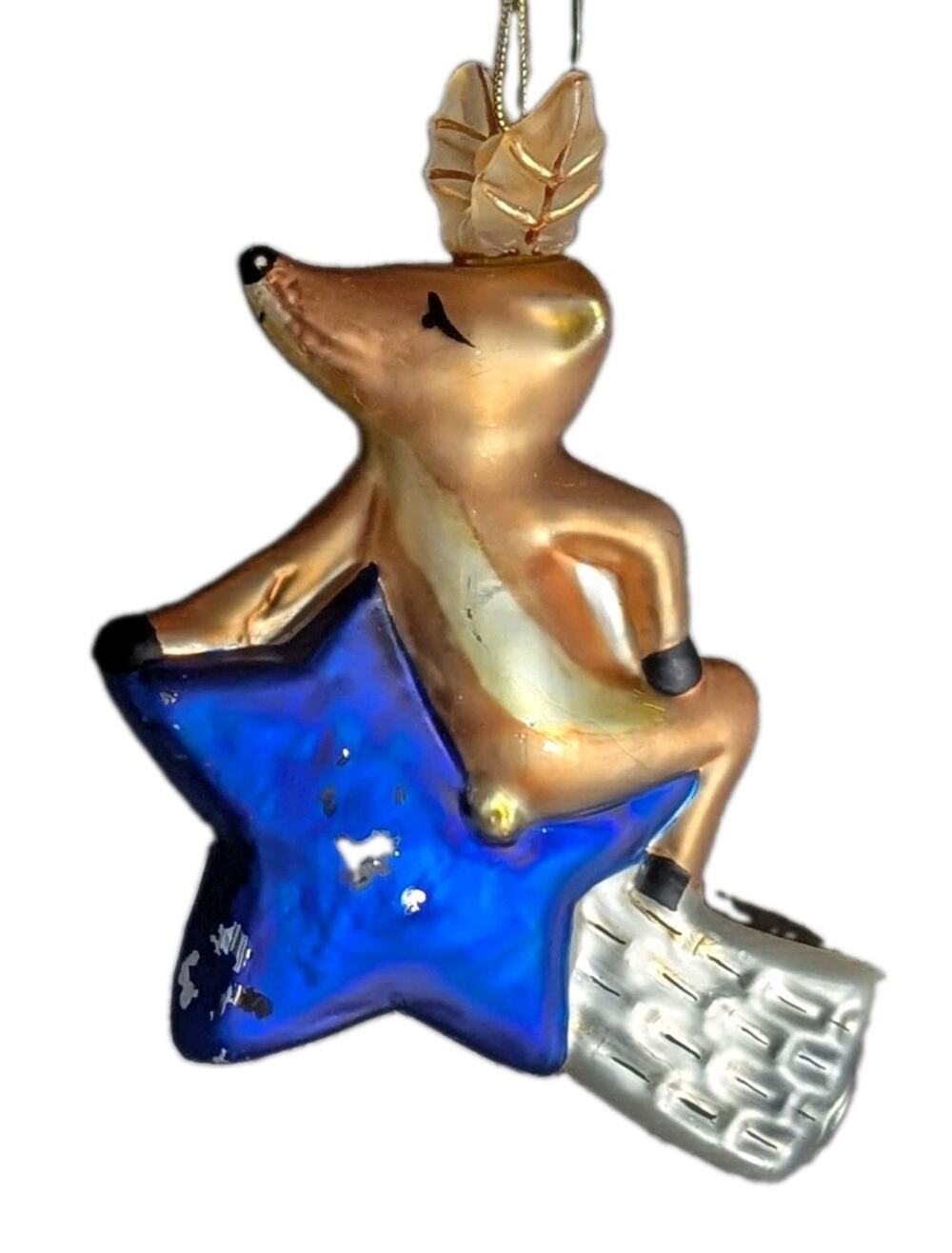 Pottery Barn Reindeer Comet Ornament Blown Glass Christmas Blue Star 6"